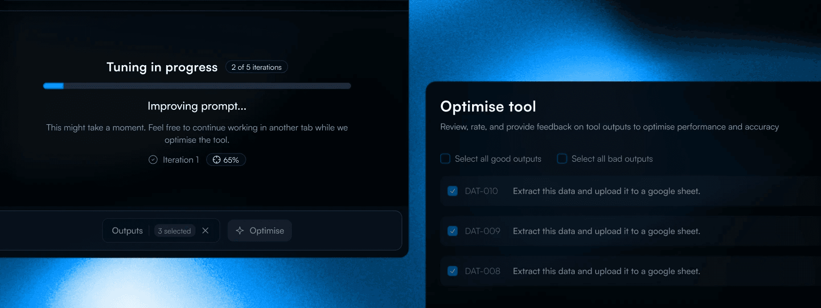 Testing progress beside a prompt optimization panel